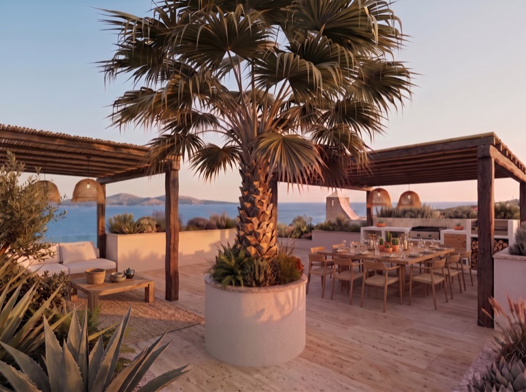 Vue de la terrasse du projet BAJA au coucher du soleil